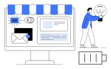 Depo önü, reklamlar, uyarılar, mesajlar ve cüzdan simgeleri içeren bilgisayar ekranı. Elinde ampul tutan kişi. E-ticaret, dijital pazarlama, yaratıcılık çevrimiçi iş reklamcılığı için ideal
