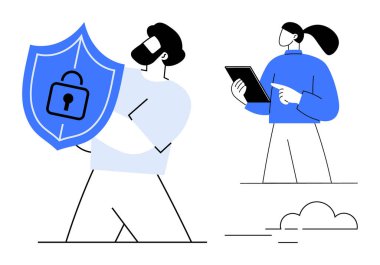 Kilitli erkek kalkanı güvenlik ve mahremiyeti vurguluyor. Tablet kullanan bir kadın teknolojiyi simgeliyor. Siber güvenlik, takım çalışması, mahremiyet, bilişim hizmetleri, koruma, modern teknoloji, basit