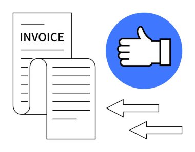 Fatura belgeleri, mavi dairedeki onay sembolü ve işlem okları. Ödeme sistemi, fatura, mali süreç, muhasebe, iş onayı, ekommerce sade iniş için ideal