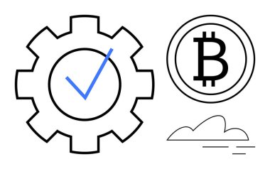 Mavi işaretli vites, Bitcoin madeni para ve soyut bulut çizgisi sanatı. Yenilik için ideal, engelleme zinciri, teknoloji, kripto para birimi, dijital sistemler, fintech otomasyon basit düz metafor