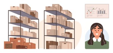 Depo rafları kutularla dolu, istatistiksel tablolar büyüme gösteriyor ve gülümseyen çalışan portresi. Envanter, lojistik, iş planlaması, verimlilik, tedarik zinciri, e-ticaret için ideal