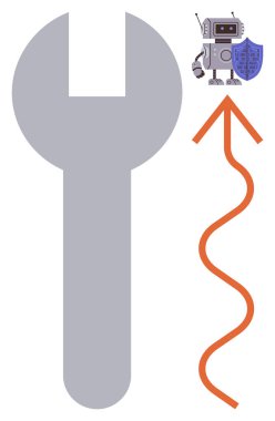 Kalkanı öne bakan bir robot, geniş ingiliz anahtarı araçları temsil ediyor, turuncu ok ise ilerlemeyi simgeliyor. Teknoloji, yenilik, robot bilimi, mühendislik, güvenlik, sorun çözme için ideal