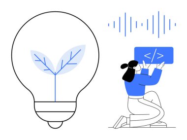 Ampulün içinde filizlenen ağaç, ses dalgası deseni, bilgisayarda kod yazan geliştirici. Teknoloji, yenilik, sürdürülebilirlik, kodlama, yeşil enerji, çevre dostu basit iniş sayfası için ideal