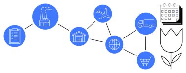 Fabrika, kontrol listesi, depo, ulaşım, uçak, küresel ağ, alışveriş arabası, çiçek ve takvim tedarik zinciri adımlarını temsil ediyor. Lojistik planlaması için ideal üretim küresel ticaret perakendecisi