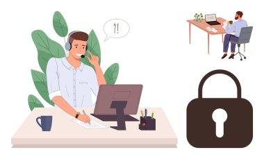 Masada çalışan kulaklıklı bir ajan, laptopta arka planda çalışan bir iş arkadaşı, büyük kilit simgesi. Teknik destek, güvenlik, gizlilik, iletişim, veri koruması, takım çalışması için ideal basit bir daire