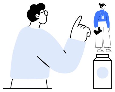 Büyük boy bir adam, kaidesi, akıl hocalığı, otorite, hiyerarşi, yetki, rehberlik ve nüfuzu simgeleyen belgeleri olan küçük bir kadına parmağını kaldırır. Basit bir daire için ideal