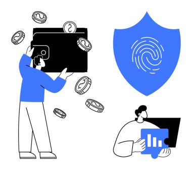 Cüzdanında uçan bozuk paralar olan bir adam, güvenlik kalkanında parmak izi simgesi olan bir adam, ekranda veri analiz eden biri. Finans, siber güvenlik, analiz, koruma, e-ticaret, teknoloji için ideal
