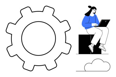 Bulutun yanındaki siyah bir blokta dizüstü bilgisayar kullanan bir kadın. İşbirliği, teknoloji, iş akışı, yenilik, takım çalışması, gelişme, üretkenlik kavramları için idealdir. Basit bir daire.