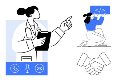 Doktor panoyu işaret ediyor, programcı daktilo kodunu yazıyor, el sıkışması işbirliği ve desteği sembolize ediyor. Sağlık, teknoloji, takım çalışması, danışmanlık, eğitim ve iletişim için ideal