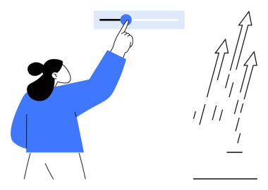 Kişi, büyümenin kontrolünü sembolize eden kaydırıcı bir öğeyle etkileşime girer. Yakınlarda, oklar yukarı doğru ilerlemeyi gösteriyor. Yenilik, gelişme, başarı, strateji, iyileştirme optimizasyonu için ideal