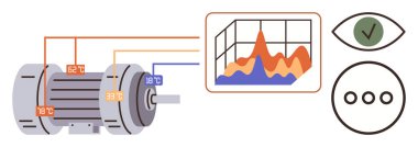 Gösterge paneline bağlı ısı sensörlü elektrikli motor. Veri görselleştirmesi, kalite kontrol simgeleri içerir. Teknoloji, otomasyon, IOT, performans, analitik, mühendislik için ideal
