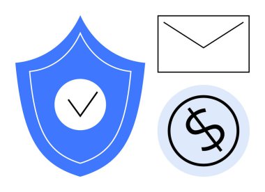 İşaretli mavi kalkan, siyah çizgili zarf ve daire şeklinde dolar simgesi. Güvenlik, e-posta, ödeme sistemleri, veri koruması, finans yazılımı, dijital güven basit düz metaforu için ideal