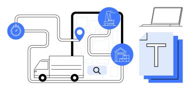 Yol haritası ve hedef işaretli kamyon, fabrika, depo simgeleri, dosyalar ve saat ile çevrili. Lojistik, tedarik zinciri, teslimat, takip planlama otomasyonu için ideal basit iniş sayfası