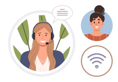 Kulaklıklı bir kadın, profildeki diğer kişi, kablosuz bağlantı elementleri. Çevrimiçi iletişim, müşteri hizmetleri, teknik destek, uzaktan çalışma, ağ, dijital araçlar için ideal