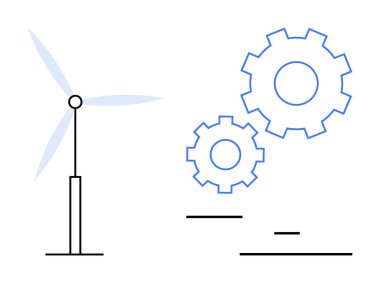 Rüzgar türbinleri dişli mekanizmasının yanında dönerek sürdürülebilir enerjiyi ve mekanik yeniliği sembolize eder. Yenilenebilir enerji, mühendislik, teknoloji, sürdürülebilirlik ve yeşil enerji için ideal