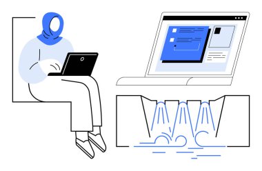 Veri akışlarını ve akışını görselleştiren fütüristik dijital ekranın yanında dizüstü bilgisayar kullanan birey. Teknoloji, yenilik, çevrimiçi eğitim, uzaktan çalışma, dijital dönüşüm, bağlantı için ideal