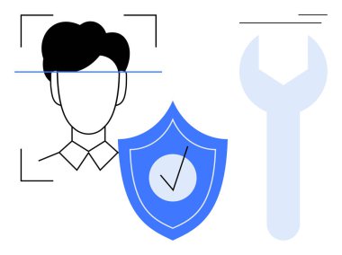 Yüz tanıma arayüzü ile kalkan arasında bir kontrol ve veri güvenliğini, mahremiyeti ve teknolojiyi sembolize eden bir anahtar var. Siber güvenlik, kimlik doğrulama, teknolojik araçlar, kimlik, gizlilik için ideal