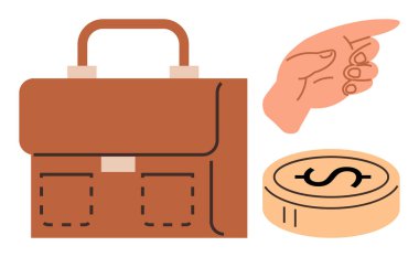 Evrak çantası, dolar işareti olan bozuk para yığını ve tercihi, kariyeri, parayı ve iş aletlerini vurgulayan el işaretleri. Finans, yatırım, işyeri yönetimi karar verme ekonomisi için ideal