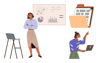 Kendine güvenen bir kadın veri tabloları sunuyor, oturan bir iş arkadaşı dizüstü bilgisayardaki numaraları analiz ediyor. Takım çalışması, veri sunumu, iş stratejisi, teknoloji, eğitim, liderlik için ideal, basit düz metafor