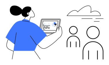 Elinde veri görselleştirmesi olan bir tablet tutan kadın, takım aktivitelerini analiz ediyor. İki soyut insan figürü ve arka planda bulut. Takım çalışması, analitik, liderlik, işbirliği ve karar verme için ideal