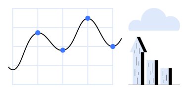 Yükselen bir çizelge ve bulutun yanında veri noktaları olan çizgi grafiği. Analiz, performans, iş büyümesi, finans, piyasa eğilimleri, tahminler, basit iniş sayfası için ideal