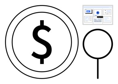 Çember içinde büyük dolar işareti, büyüteç ve analiz grafikleriyle ekran. Finans, bütçe, yatırım, araştırma, analitik ekonomi ve refah yönetimi için ideal. Basit düz