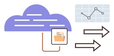 Bir klasöre bağlı mavi bulut, yükselen eğilimli veri tablosu ve veri transferini gösteren oklar. Teknoloji, bulut sistemleri, dijital depolama, veri analizi, iş büyümesi, dosya için ideal