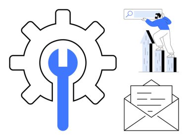 Anahtarlı vites, arama sonuçlarını analiz eden adam, büyüme çizelgesi, evraklı zarf. Strateji, veri analizi, iletişim, iş araçları, büyüme süreci iyileştirmesi için ideal basit düz