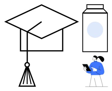 Mezuniyet şapkası başarıyı simgeler, fikirleri araştıran dijital cihaz kullanıcısı ve yaratıcı düşünceyi temsil eden karton kutu. Eğitim, teknoloji, yenilik, e-öğrenme, başarı, profesyonel