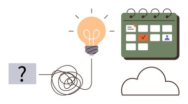 Karmaşık yol ampul üretiminde fikir üretimini sembolize eder. Planlama için bir takvim, depolama için bir bulut ve problem çözmede bir soru işareti. Beyin fırtınası ve yenilik için ideal.