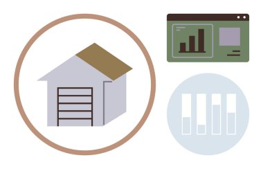 Depo simgesi bir çemberin içinde, çubuk grafikleri ve ölçümleri olan gösterge panelinin yanında. Lojistik, depolama yönetimi, envanter takibi, veri analizi, iş büyümesi, verimlilik, basit