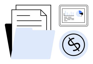 İçinde belgeler, tablet, grafikler, çizelgeler ve bir dolar işareti olan klasör. Finans, veri analizi, iş, mali planlama bütçe raporları için idealdir. Basit düz metafor