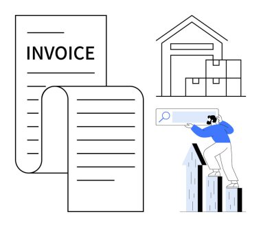 Fatura dokümanı, istiflenmiş kutuların olduğu depo, büyüme tablosunu analiz eden kişi ve büyüteç arama çubuğu. İş, finans, envanter, lojistik, veri stratejisi için ideal basit düz metafor