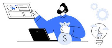 Profesyonel bir iş adamı ekranda analiz yapıyor, elinde para çantası var. Güneş paneli olan ampul yeniliği simgeler. Finans, sürdürülebilirlik, yatırım, veri, karar verme için ideal