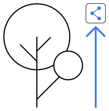 Soyut ağaç tasarımı yukarı doğru bir ok ile eşleştirilerek bir paylaşım simgesine dönüştürülür. Büyüme, gelişme, teknoloji, bağlantı, sürdürülebilirlik, basit iniş sayfası için ideal