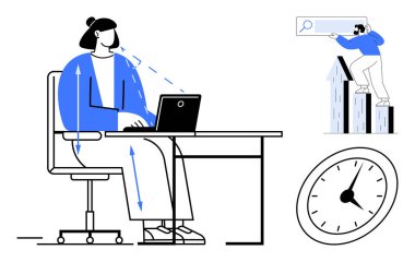 Masasında dizüstü bilgisayar kullanan bir kadın duruş rehberi okları olan bir kadın zamanı simgeleyen bir saat ve çubuk grafiklerde arama yapmaya çalışan bir adam. İş akışı, verimlilik, hedefler, ergonomik, denge, odaklanma için ideal