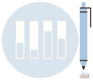 Mavi bir kalem, belge, analiz ve fikir paylaşımını temsil eden değişken ilerleme seviyelerinde dört çubuk grafik. İstatistik, araştırma, iletişim, eğitim, planlama ve analitik için ideal