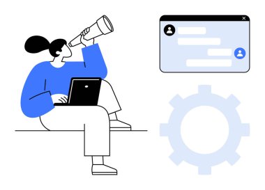 Dizüstü bilgisayarı olan bir kadın, elinde teleskopla, geleceği inceliyor. Yakınlarda sohbet penceresi ve vites sembolü var. Teknoloji, planlama, takım çalışması, yenilik, üretkenlik analizi için ideal basit