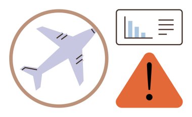 Uçak kuşatıldı, uyarı üçgeni, ünlem işareti, çubuk grafiği. Havacılık güvenliği, risk analizi, uyarılar, ulaşım ve veri analizi için ideal. Basit düz metafor