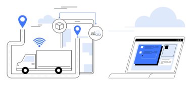 GPS takibi, veri simgeleri, kablosuz bağlantı ve gerçek zamanlı güncellemeleri gösteren laptop arayüzü olan teslimat kamyonu. Lojistik, dağıtım hizmetleri, teknoloji, iletişim ve izleme için ideal