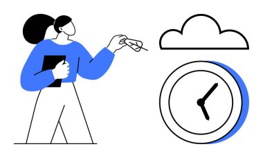 Gözlük ve tablet tutan kadın, saat simgesi ve zaman yönetimini ve dijital depolamayı temsil eden bulut. Üretkenlik, organizasyon, uzak çalışma, teknoloji, planlama, dijital çözümler için ideal