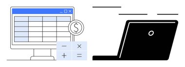 Bilgisayarın yanında dolar işareti ve hesap makinesiyle birlikte masaüstü monitörünün hesap tablosu. Finans, muhasebe, veri analizi, bütçe, teknoloji, üretkenlik, dijital araçlar için idealdir. Basit.