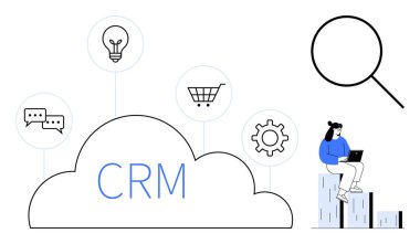 CRM bulutu iletişim, fikir, alışveriş ve teçhizat simgeleriyle çevrilidir. Yanında da dizüstü bilgisayar kullanan bir kadın vardır. Pazarlama, takım yönetimi, yenilik, veri analizi müşterisi için ideal