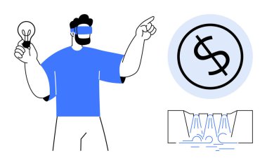 VR kulaklıklı adam ampulü tutuyor, dolar simgesine doğru hareketler yapıyor akan suya bağlı. Yenilik, teknoloji, sanal gerçeklik, sürdürülebilirlik, yaratıcılık, ekonomi finansmanı için ideal. Basit.