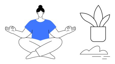 Bacak bacak üstüne atmış bir kadın saksı bitkisinin yanında rahat elleriyle meditasyon yapıyor. Sağlık, farkındalık, denge, akıl sağlığı, kendine bakım, rahatlama odaklı görseller için idealdir. Basit bir daire.
