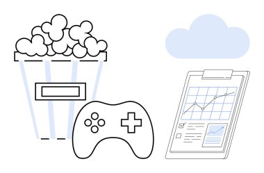 Patlamış mısır kovası, oyun kumandası, bulut ve veri tabloları. Boş zaman, oyun, veri görselleştirme, teknoloji dijital trendler analitik eğlence kavramları için idealdir. Basit düz