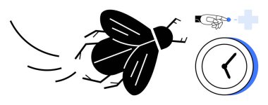 Hareket halinde uç, zamanı temsil eden saat ve küçük bir objeyle el hareketi yap. Zaman, hız, aciliyet, kesinlik, son teslim tarihleri, birden fazla görev için ideal. Basit düz metafor