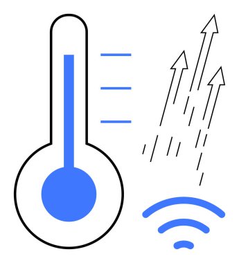 Üç ölçü çubuğu, yükselen oklar ve kablosuz sinyal dalgalarıyla termometre. Hava tahmini, iklim değişikliği, IOT, teknoloji, enerji yenilik eğitimi için ideal. Basit düz