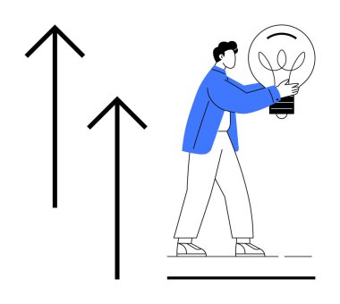 Yenilik, ilerleme ve büyümeyi temsil eden yukarı doğru giden oklarla yürüyen bir ampul taşıyan bir birey. Geliştirme, liderlik, strateji, yaratıcılık, motivasyon, çözümler için ideal başarı