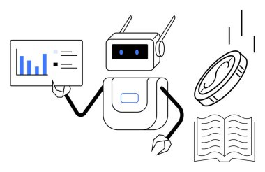 İnsansı robot çizelgeleri analiz ediyor, dijital para birimi ve açık kitapla etkileşime geçiyor. Teknoloji, veri analizi, eğitim, otomasyon, yapay zeka ve finansal yenilik için ideal. Basit düz metafor
